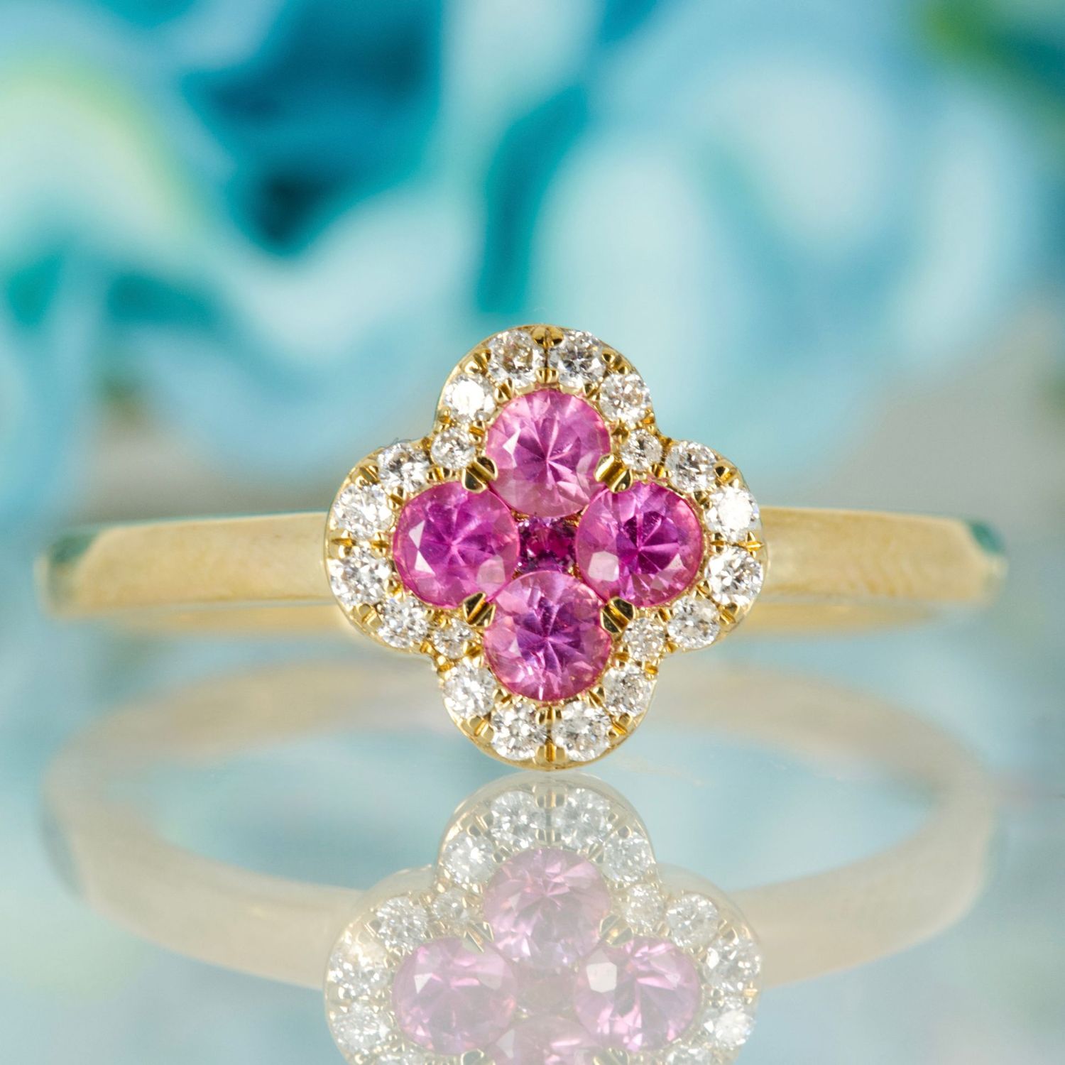 9ct Yellow Gold Round Cut Pink Sapphire & Diamond Clover Cluster Ring