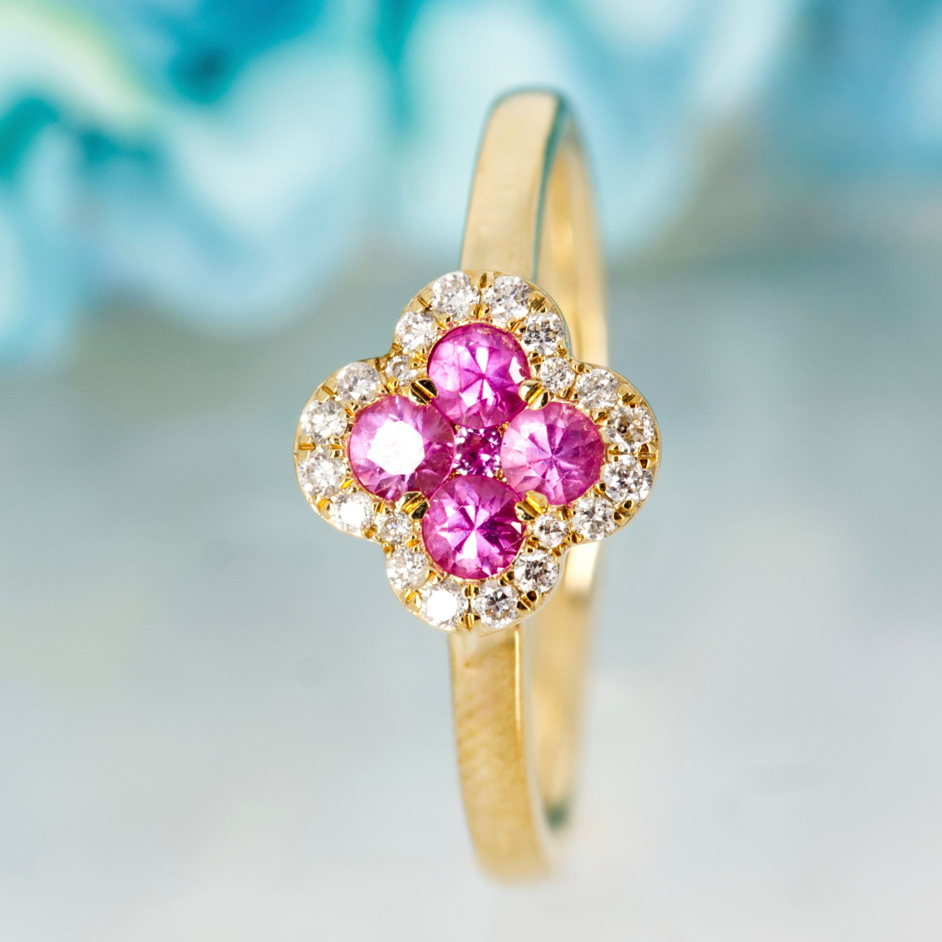 9ct Yellow Gold Round Cut Pink Sapphire & Diamond Clover Cluster Ring