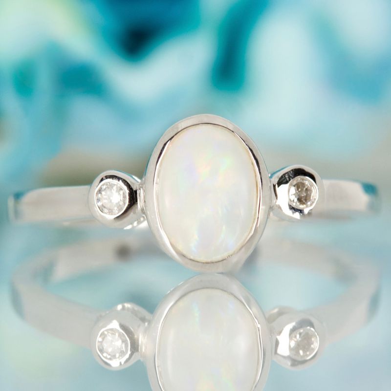 9ct White Gold Oval Opal & Round Brilliant Cut Diamond Trilogy Ring