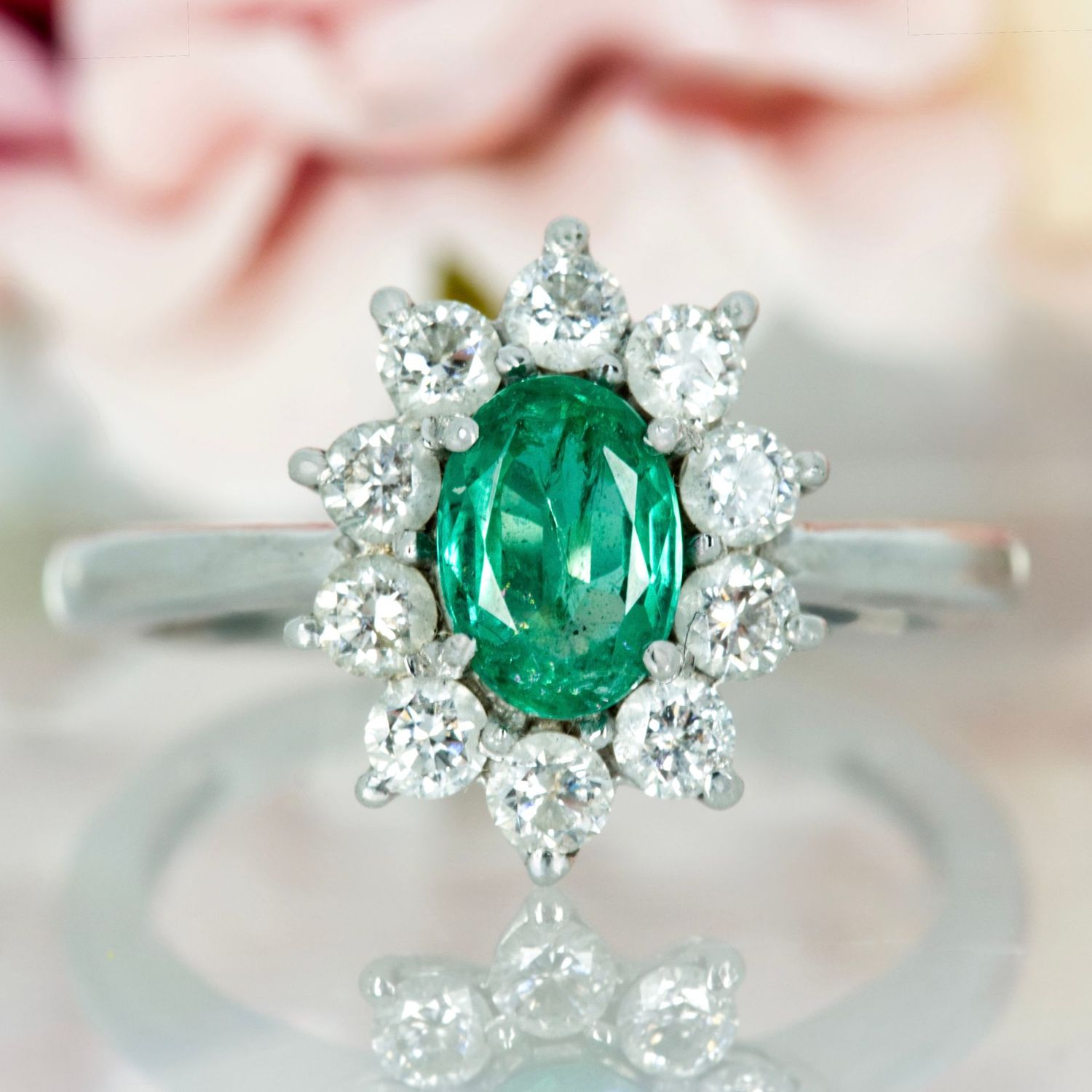 Pre-Loved Platinum Oval Cut Emerald & Round Brilliant Cut Diamond Cluster Ring