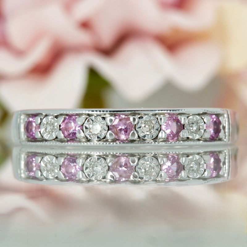 Pre-Loved 9ct White Gold Round Cut Pink Sapphire & Diamond Channel Set Half Eternity Ring