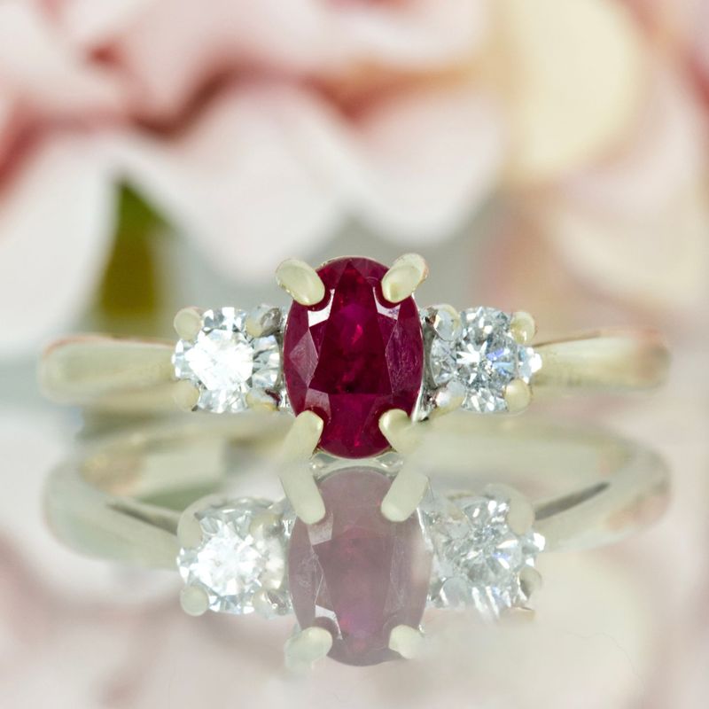 Pre-Loved 9ct Yellow Gold Oval Cut Ruby & Round Brilliant Cut Diamond Trilogy Ring
