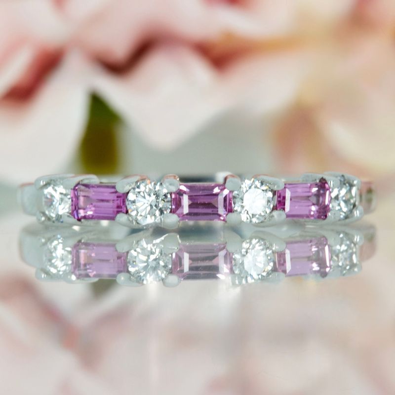 Pre-Loved 18ct White Gold Baguette Cut Pink Sapphire & Round Brilliant Cut Diamond Eternity Ring