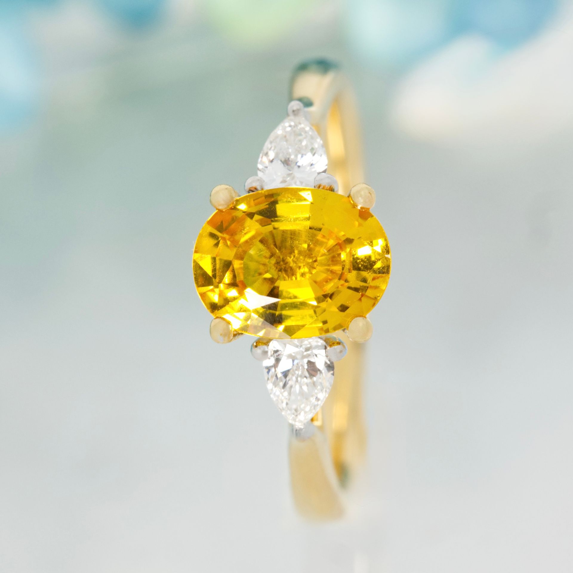 18ct Yellow Gold Oval Cut Yellow Sapphire & Pear Cut Diamond Trilogy Ring