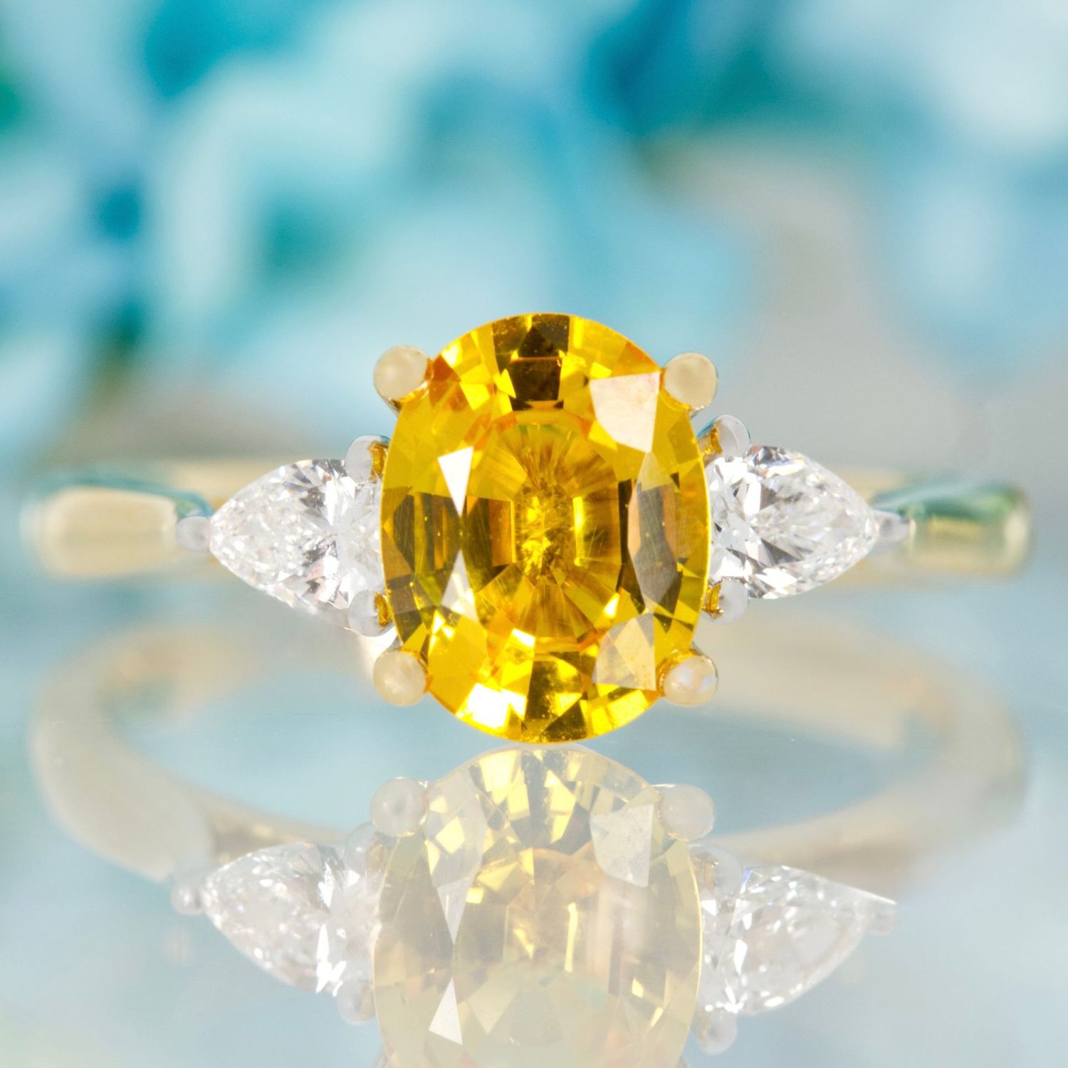 18ct Yellow Gold Oval Cut Yellow Sapphire & Pear Cut Diamond Trilogy Ring