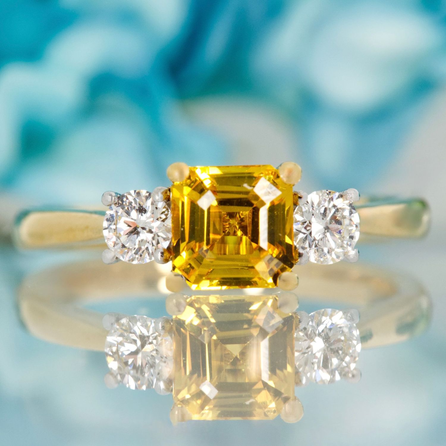 18ct Yellow Gold & Platinum Asscher Cut Yellow Sapphire & Round Brilliant Cut Diamond Trilogy Ring