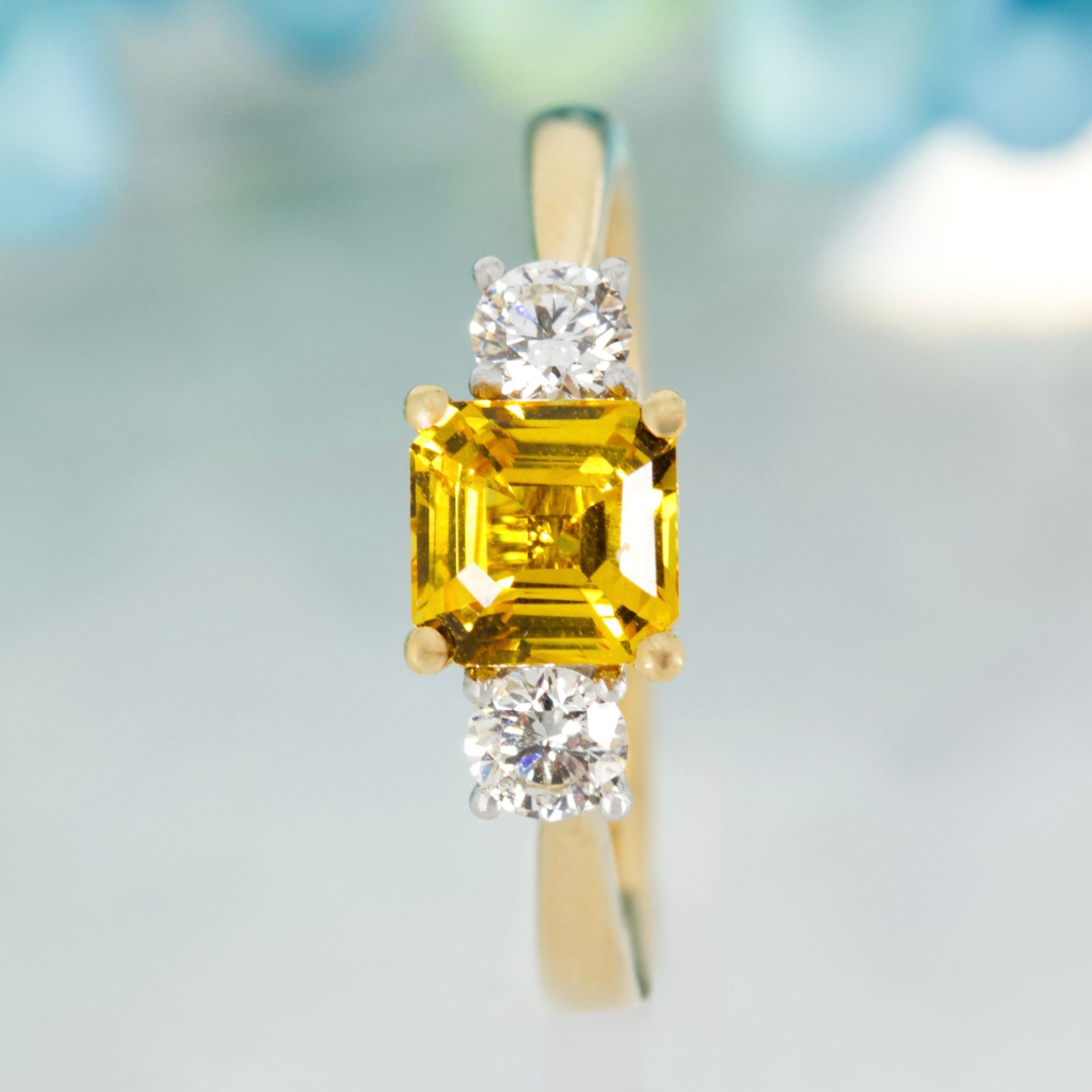 18ct Yellow Gold & Platinum Asscher Cut Yellow Sapphire & Round Brilliant Cut Diamond Trilogy Ring