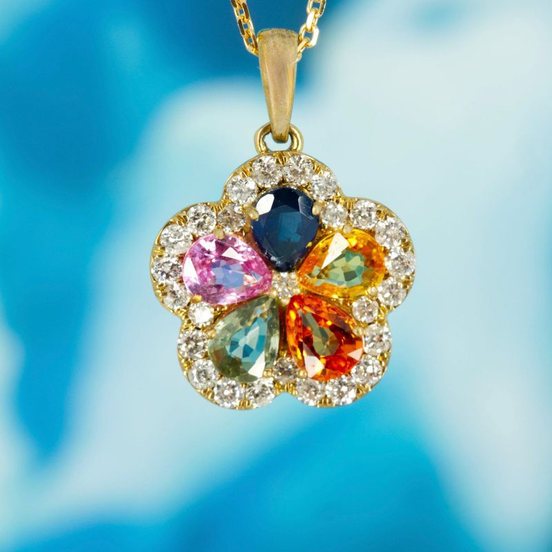 9ct Yellow Gold Multi-Coloured Sapphire & Round Brilliant Cut Diamond Pendant & Chain