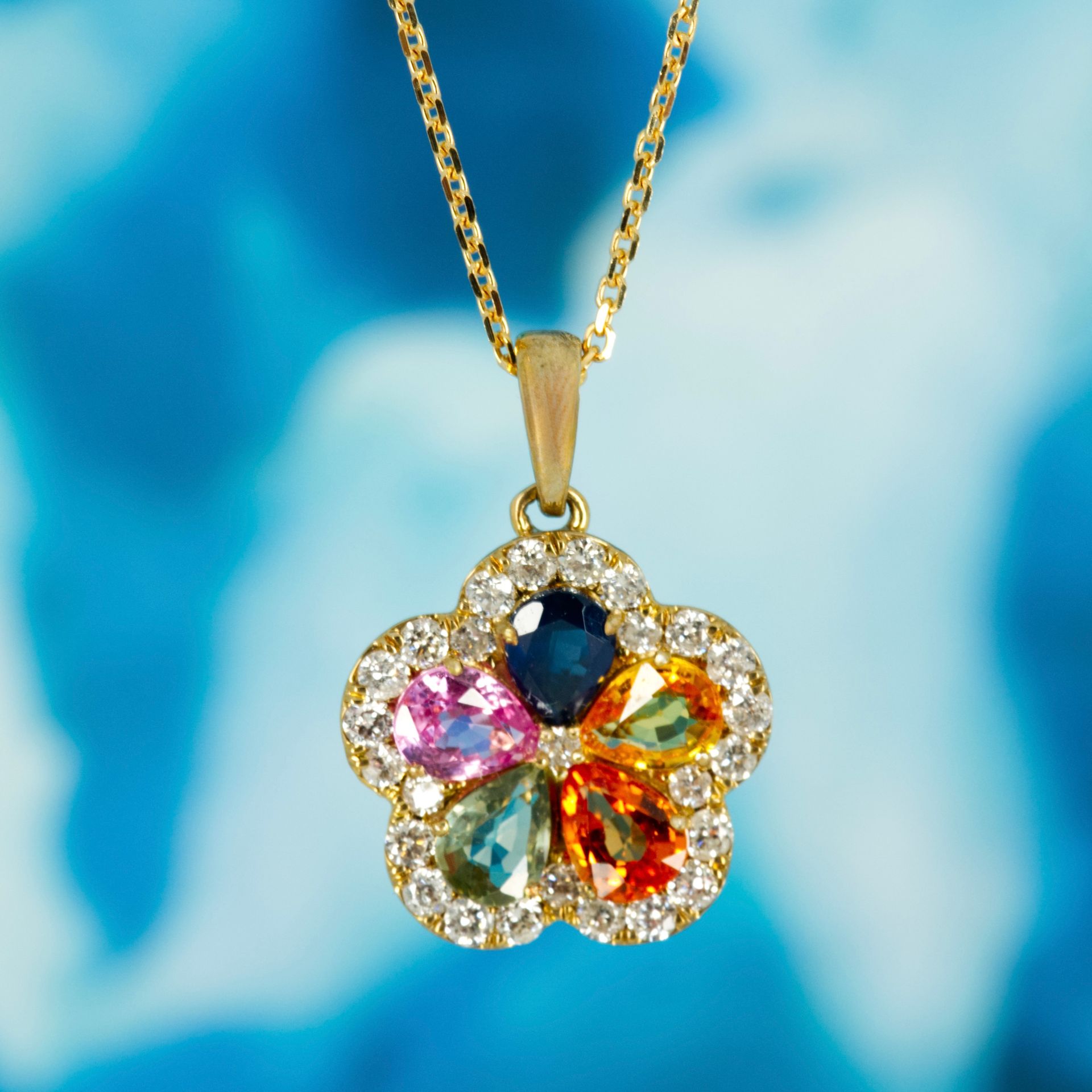 9ct Yellow Gold Multi-Coloured Sapphire & Round Brilliant Cut Diamond Pendant & Chain
