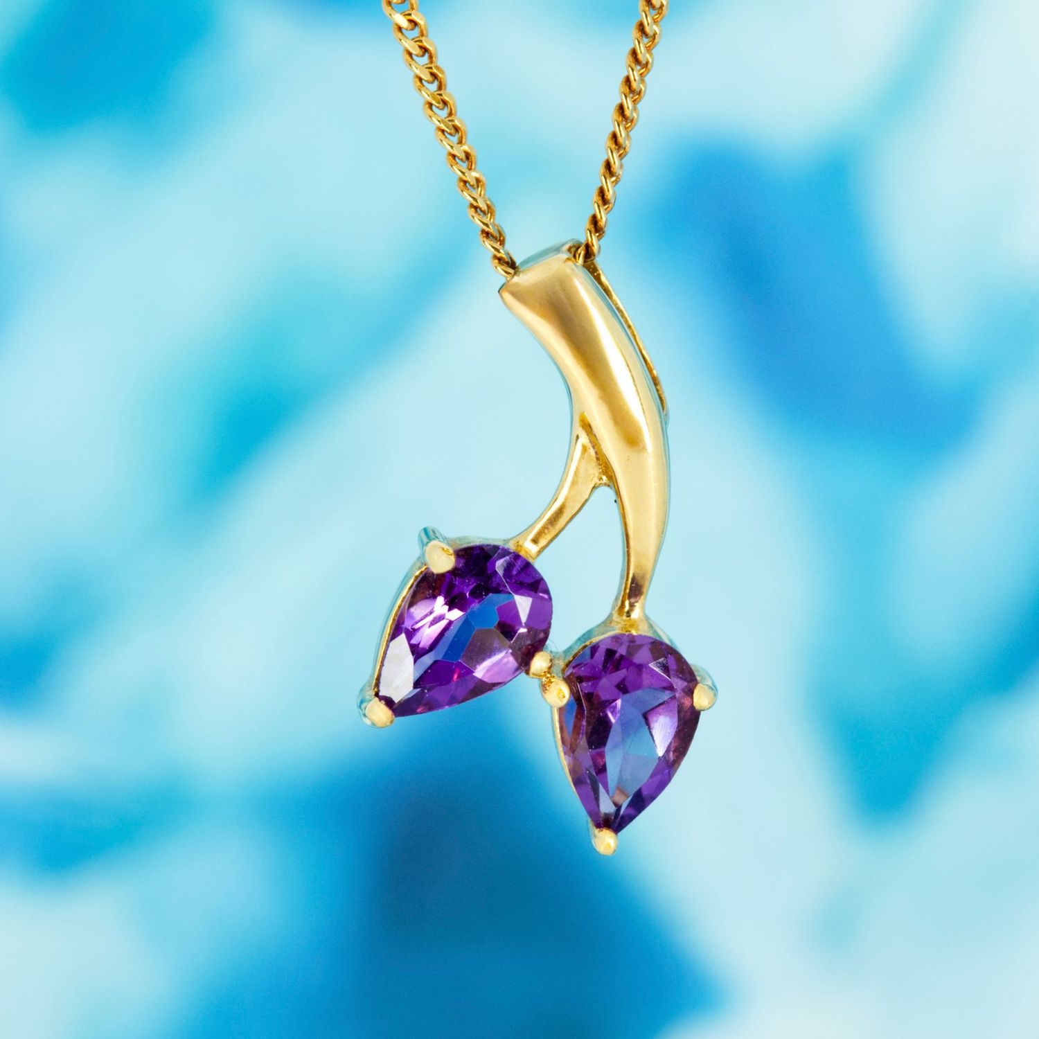 Pre-Loved 9ct Yellow Gold Pear Cut Amethyst Two-Stone Pendant & Chain