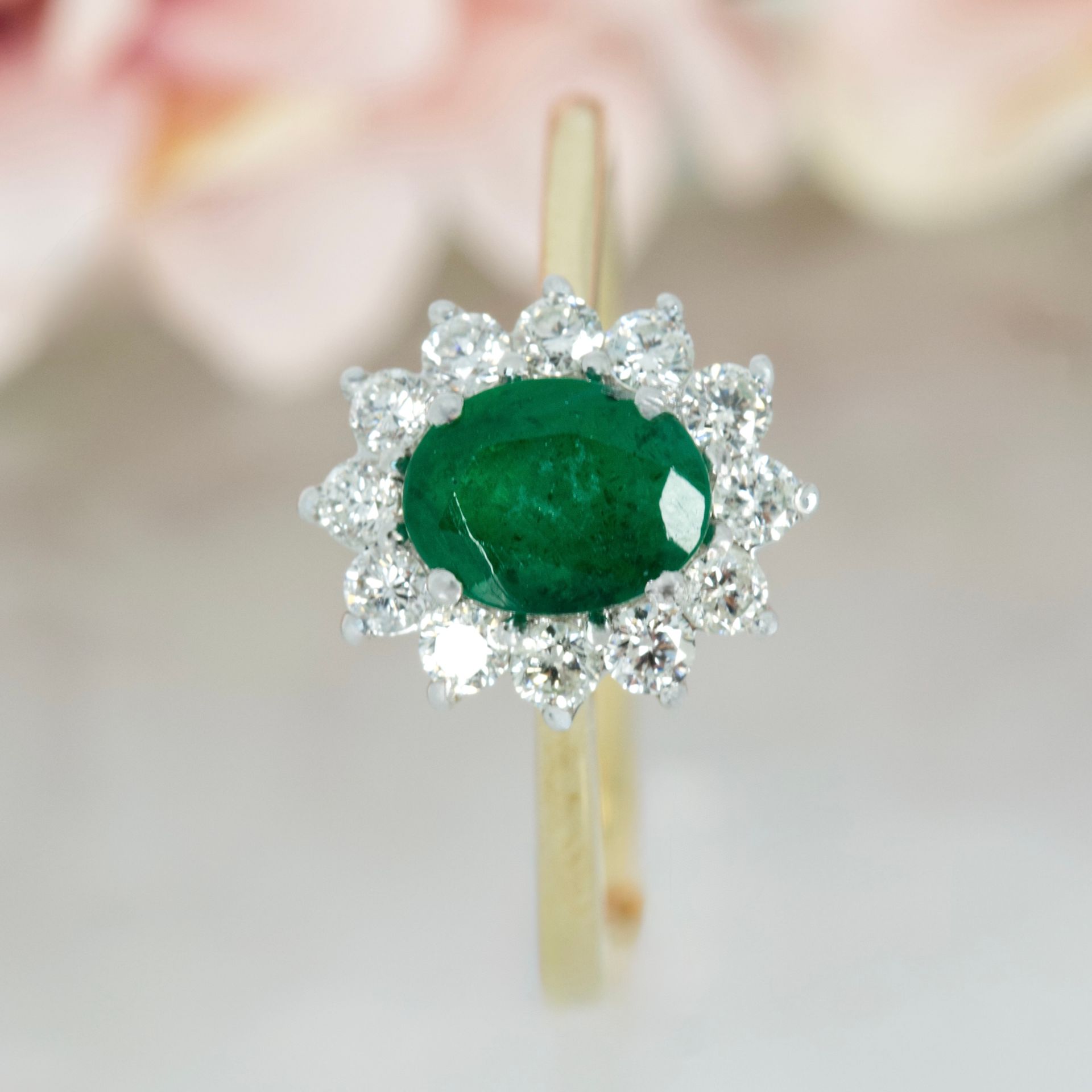 9ct Yellow Gold Oval Cut Emerald & Round Brilliant Cut Diamond Cluster Ring