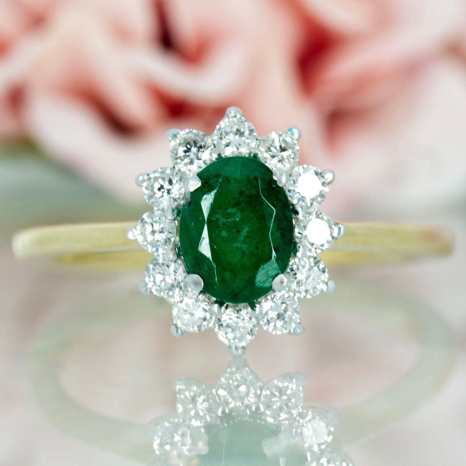 9ct Yellow Gold Oval Cut Emerald & Round Brilliant Cut Diamond Cluster Ring