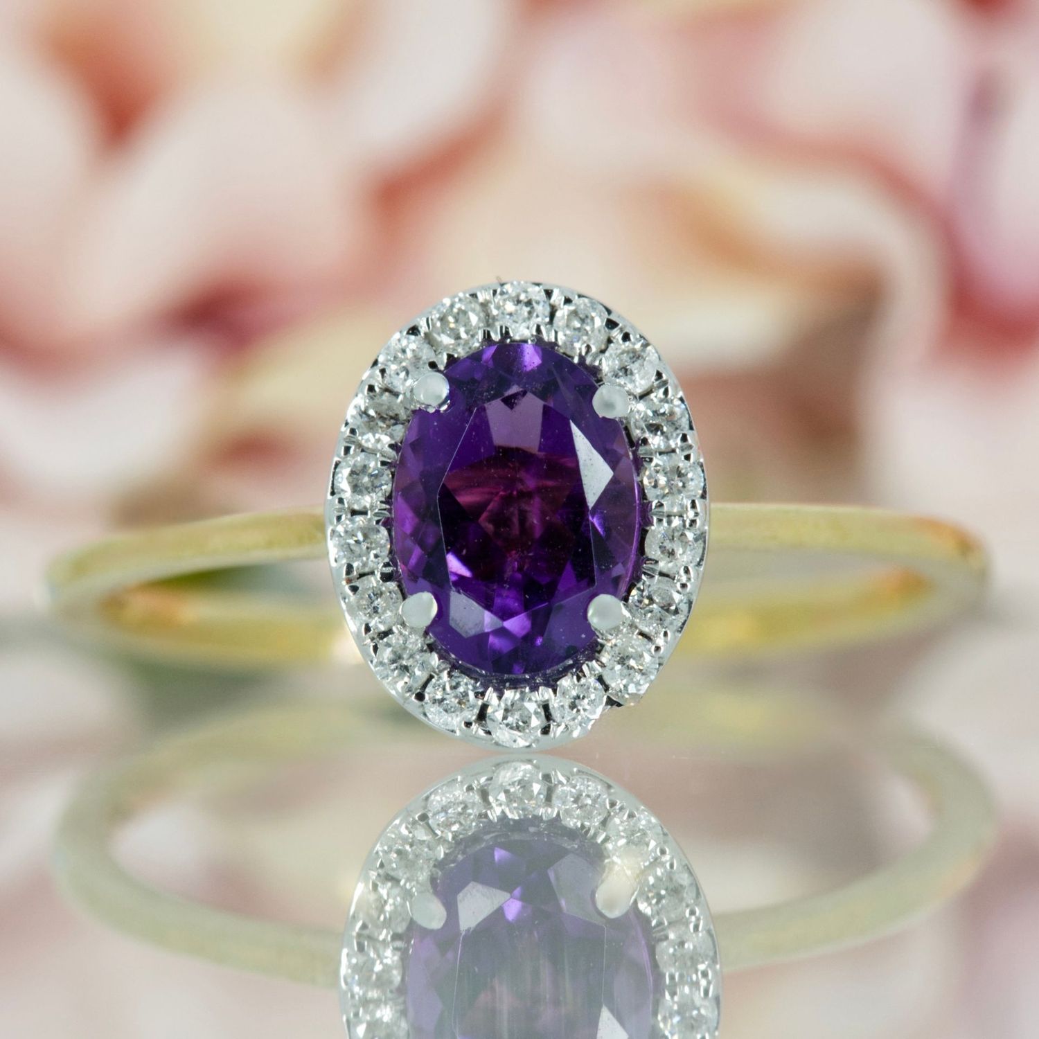 9ct Yellow Gold Oval Cut Amethyst & Round Brilliant Cut Diamond Halo Cluster Ring