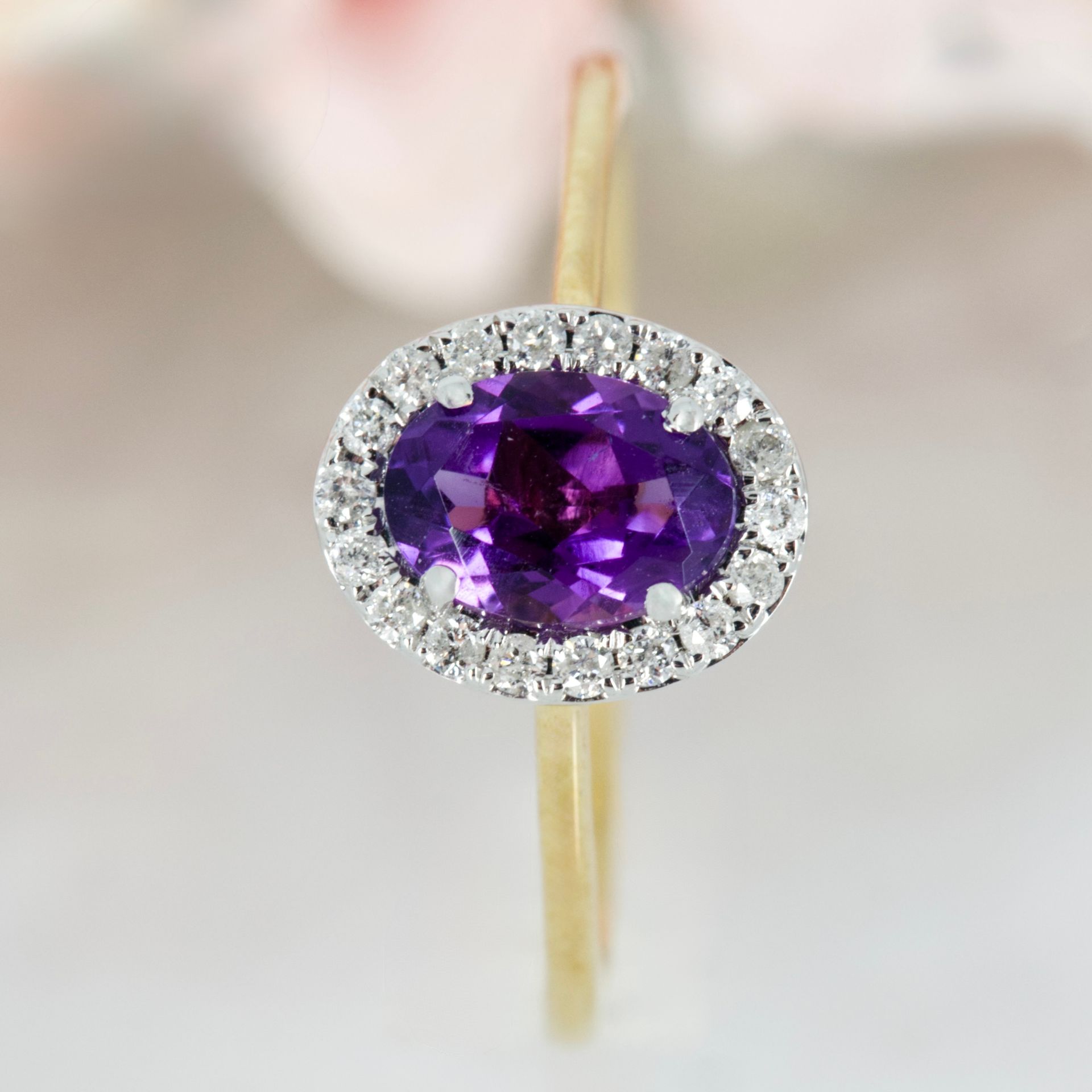 9ct Yellow Gold Oval Cut Amethyst & Round Brilliant Cut Diamond Halo Cluster Ring