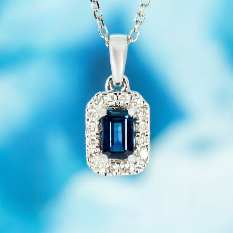 18ct White Gold Rectangular Cut Sapphire & Round Brilliant Cut Diamond Halo Cluster Pendant & Chain