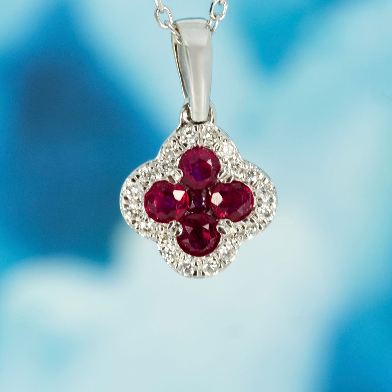 9ct White Gold Round Cut Ruby & Diamond Clover Cluster Pendant & Chain