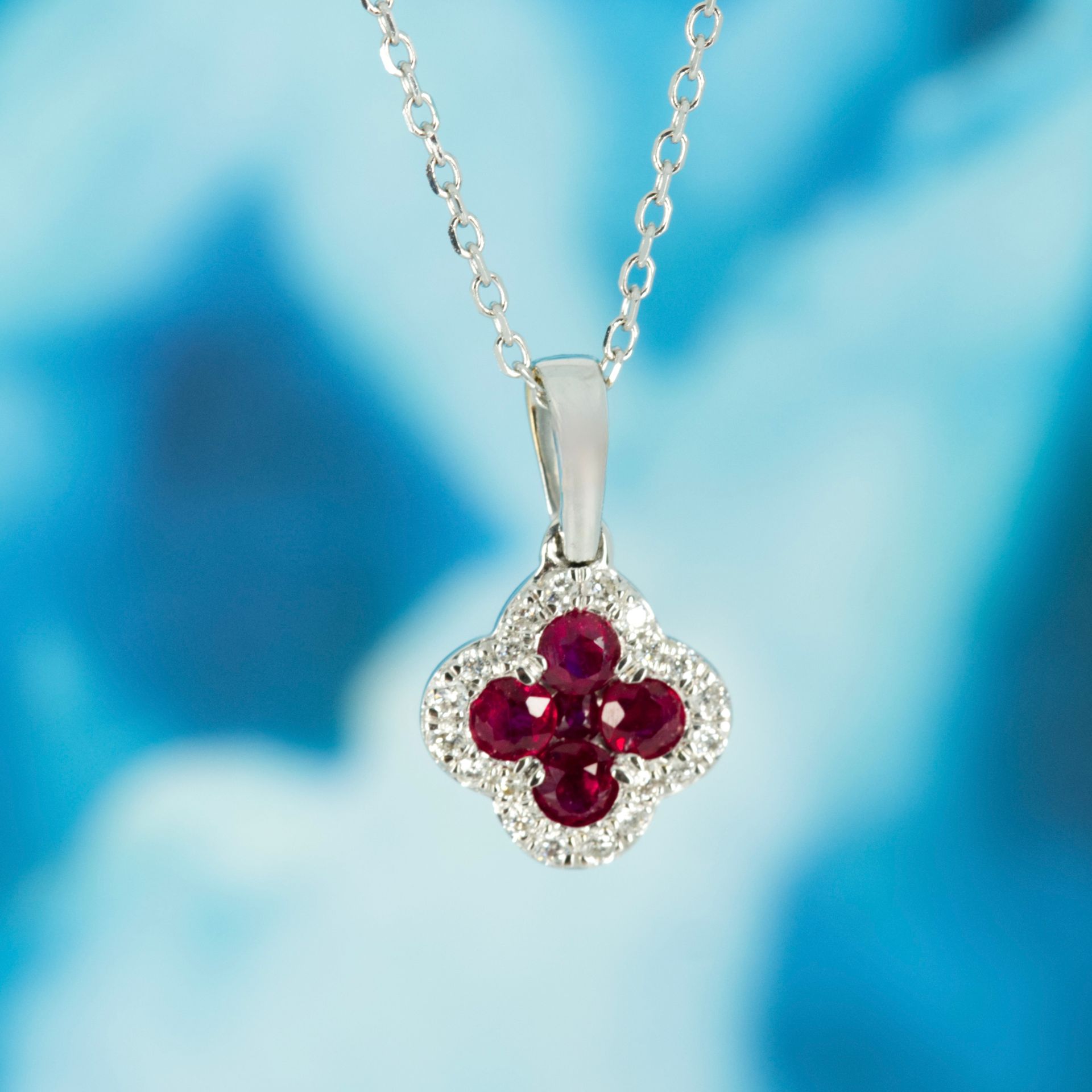 9ct White Gold Round Cut Ruby & Diamond Clover Cluster Pendant & Chain