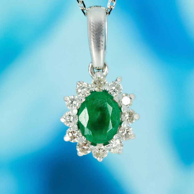 9ct White Gold Oval Cut Emerald & Round Brilliant Cut Diamond Cluster Pendant & Chain