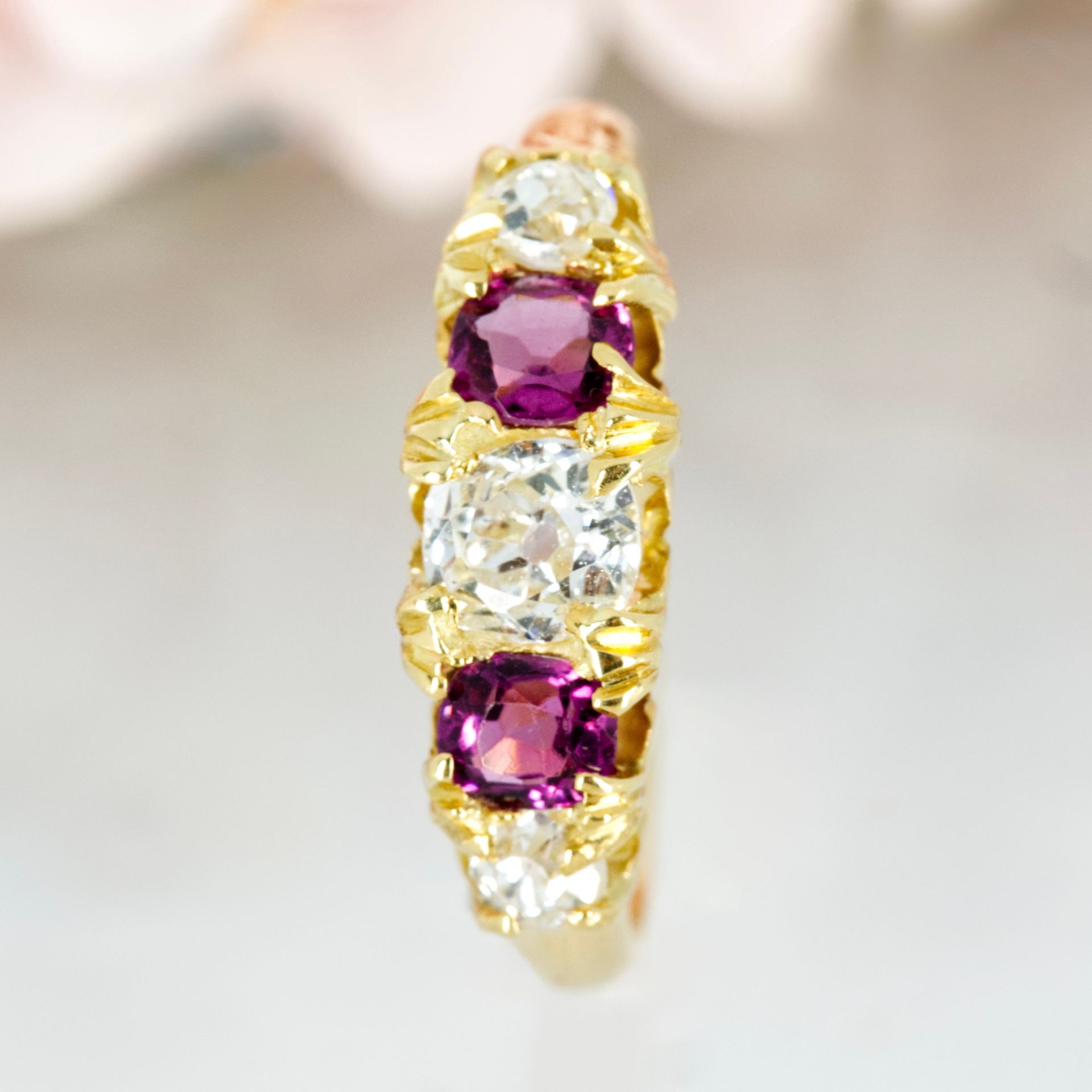 Antique 18ct Yellow Gold Round Cut Ruby & Diamond 5-Stone Ring, hallmarked Birmingham 1912