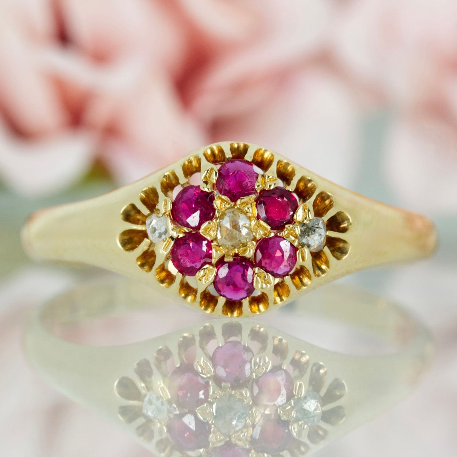 Pre-Loved 18ct Yellow Gold Round Cut Ruby & Diamond Cluster Ring