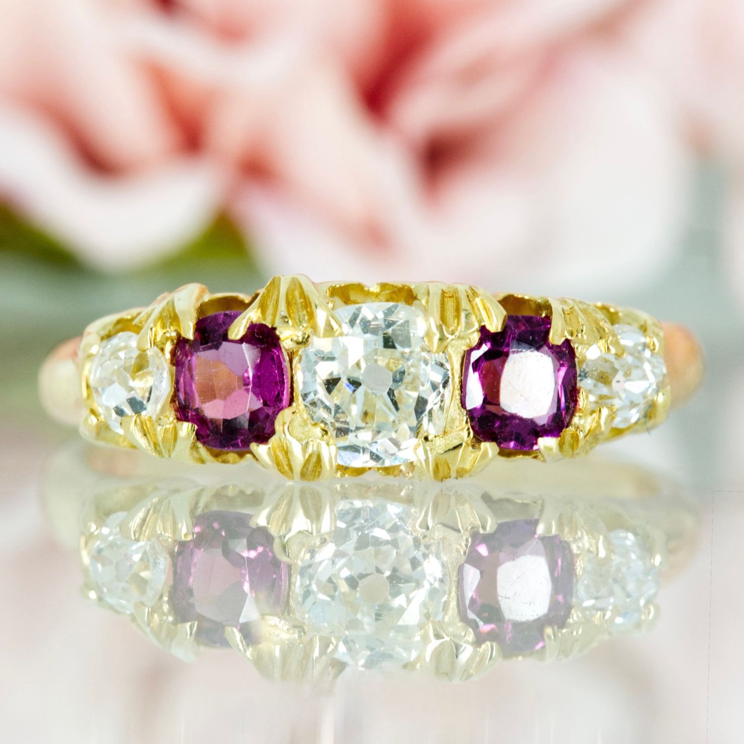 Antique 18ct Yellow Gold Round Cut Ruby & Diamond 5-Stone Ring, hallmarked Birmingham 1912