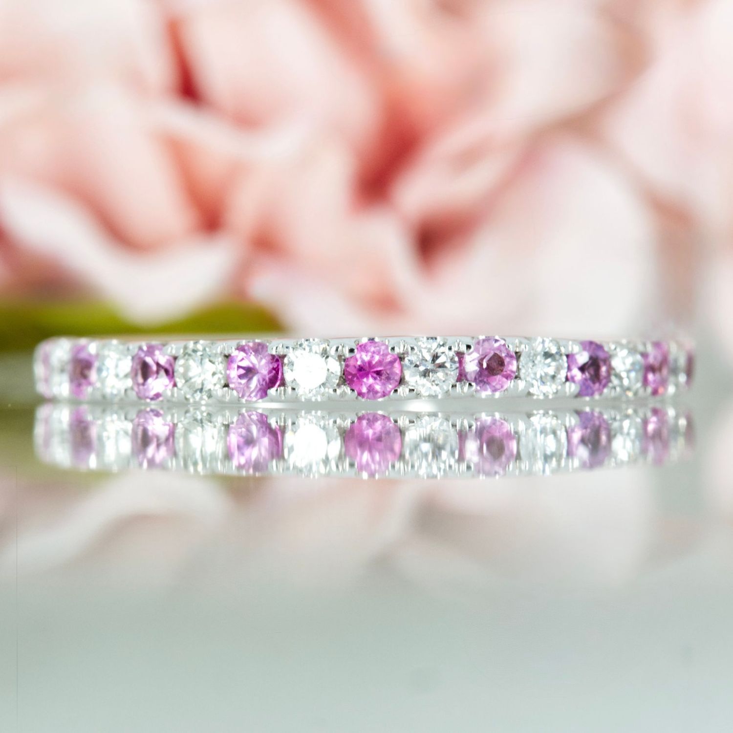 9ct White Gold Round Cut Pink Sapphire & Diamond Claw Set Half Eternity Ring