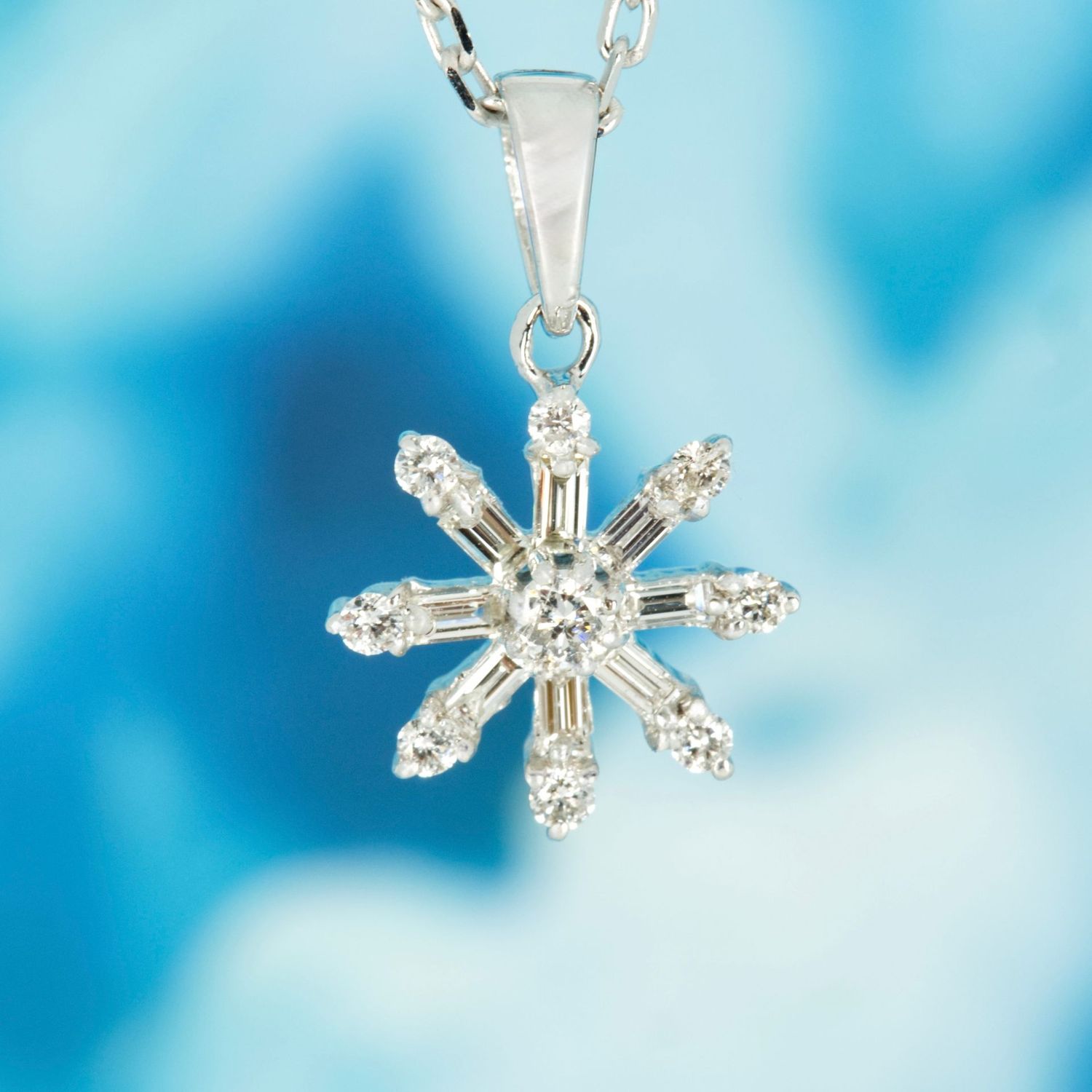 9ct White Gold 0.24ct Round Brilliant & Baguette Cut Diamond Snowflake Pendant & Chain