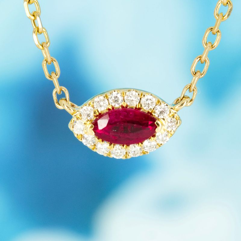 9ct Yellow Gold Marquise Cut Ruby & Round Brilliant Cut Diamond Cluster Pendant & Chain
