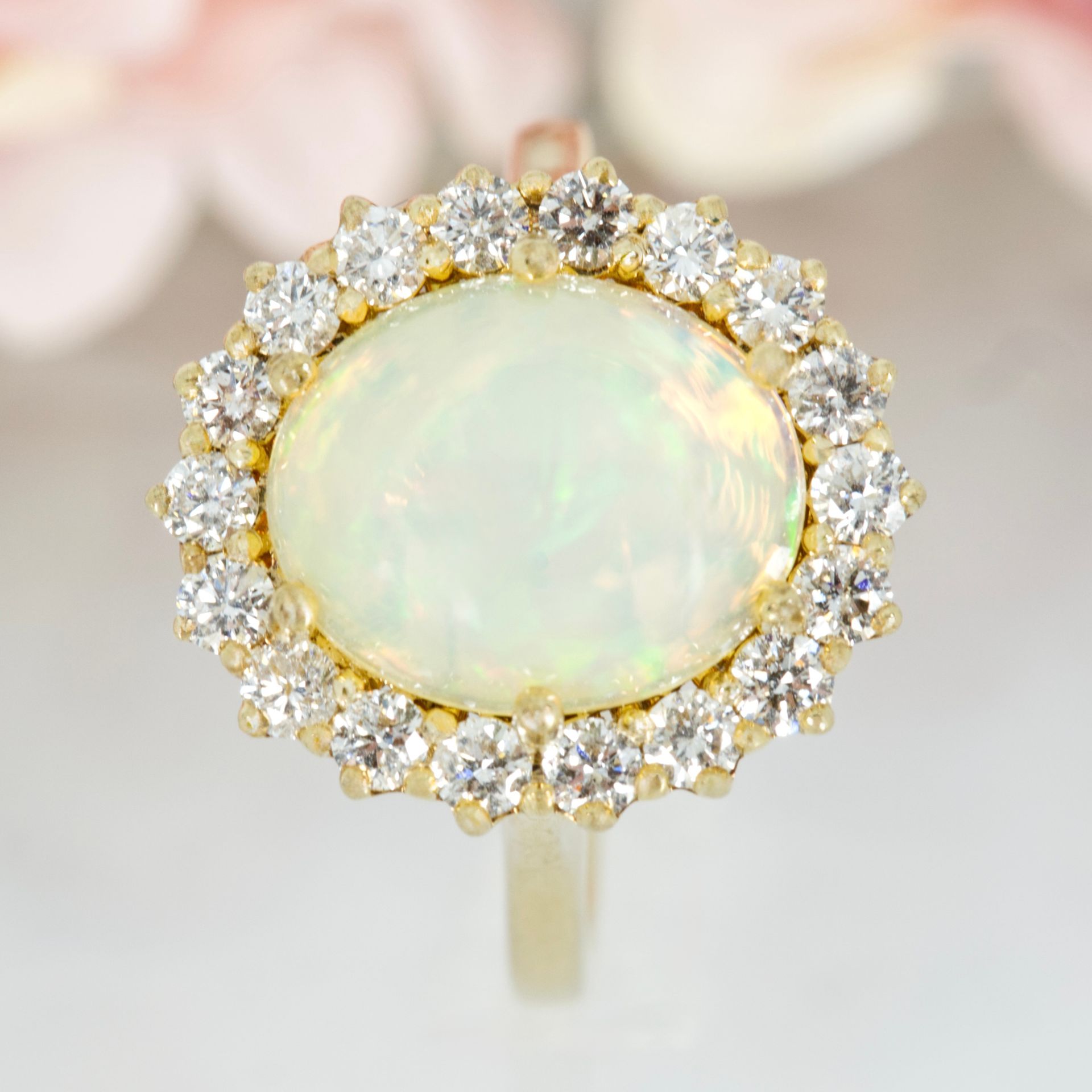 9ct Yellow Gold Oval Cabochon Opal & Round Brilliant Cut Diamond Cluster Ring
