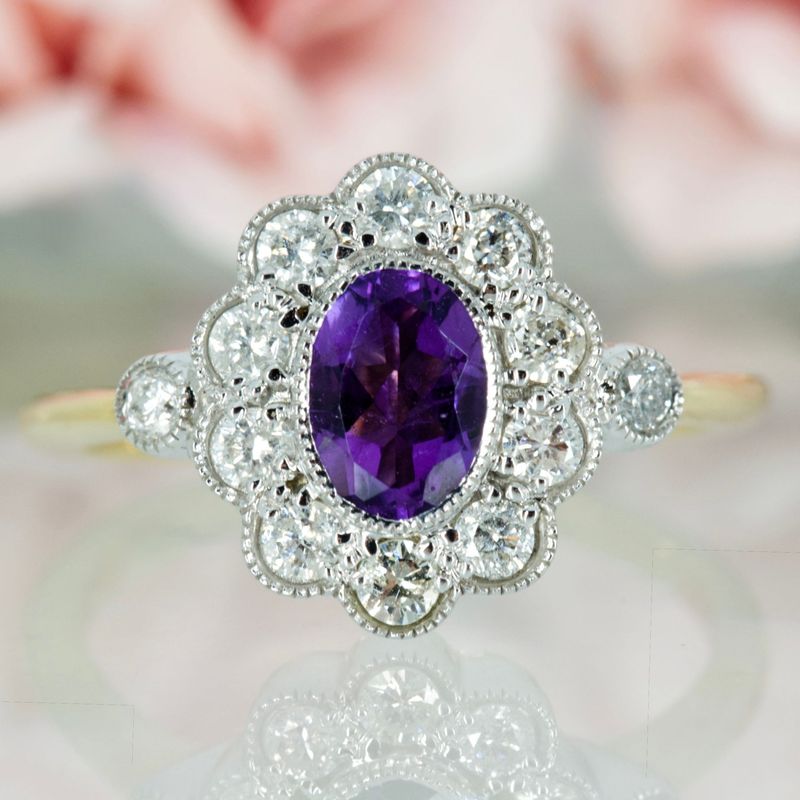 9ct Yellow Gold Oval Cut Amethyst & Round Brilliant Cut Diamond Cluster Ring