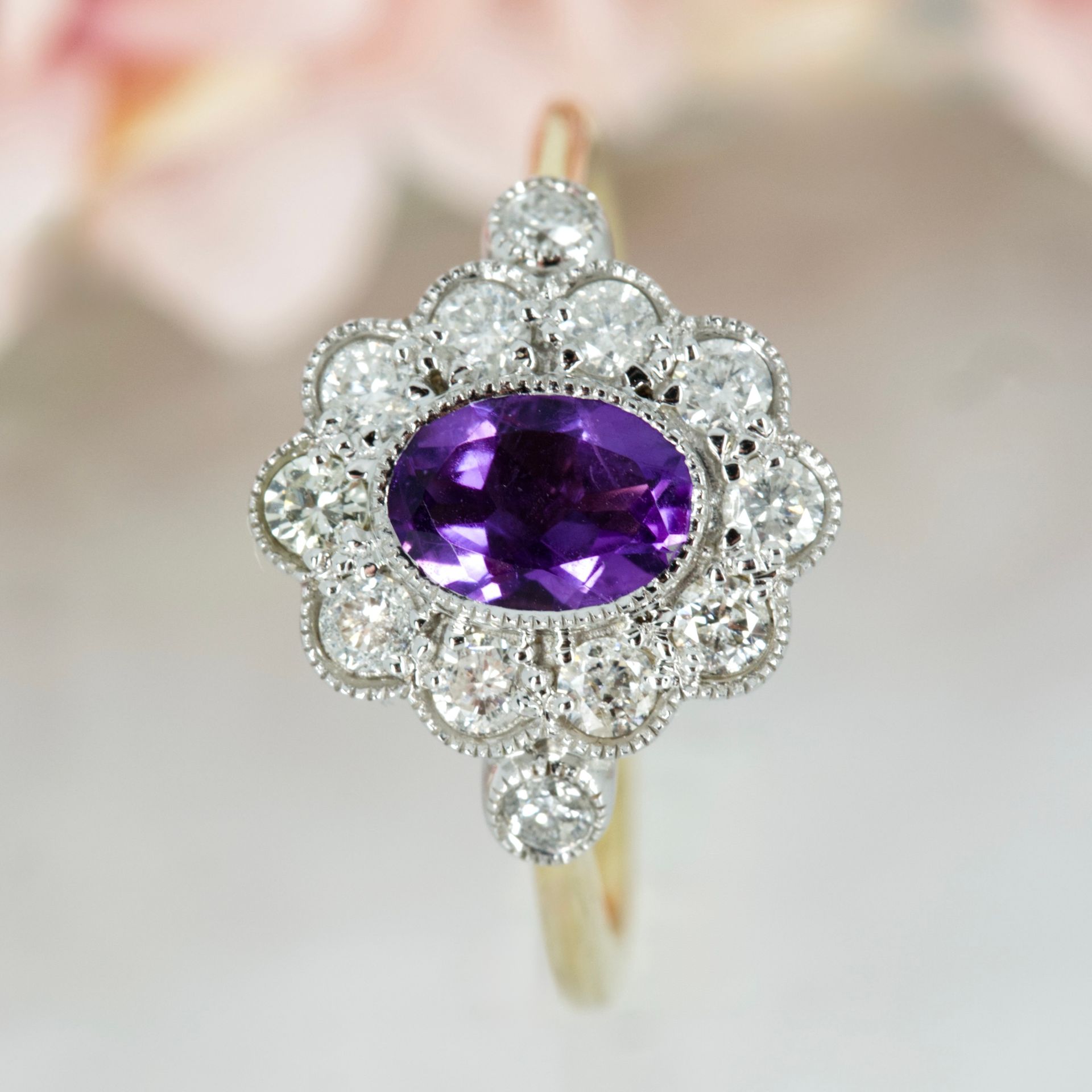 9ct Yellow Gold Oval Cut Amethyst & Round Brilliant Cut Diamond Cluster Ring