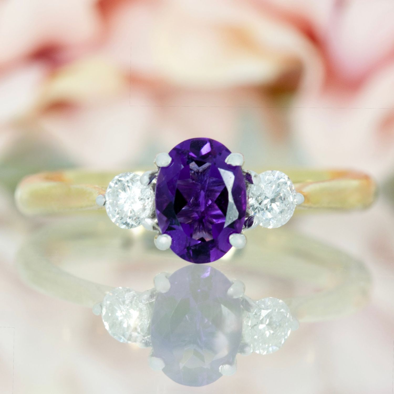 9ct Yellow Gold Oval Cut Amethyst & Round Brilliant Cut Diamond Trilogy Ring