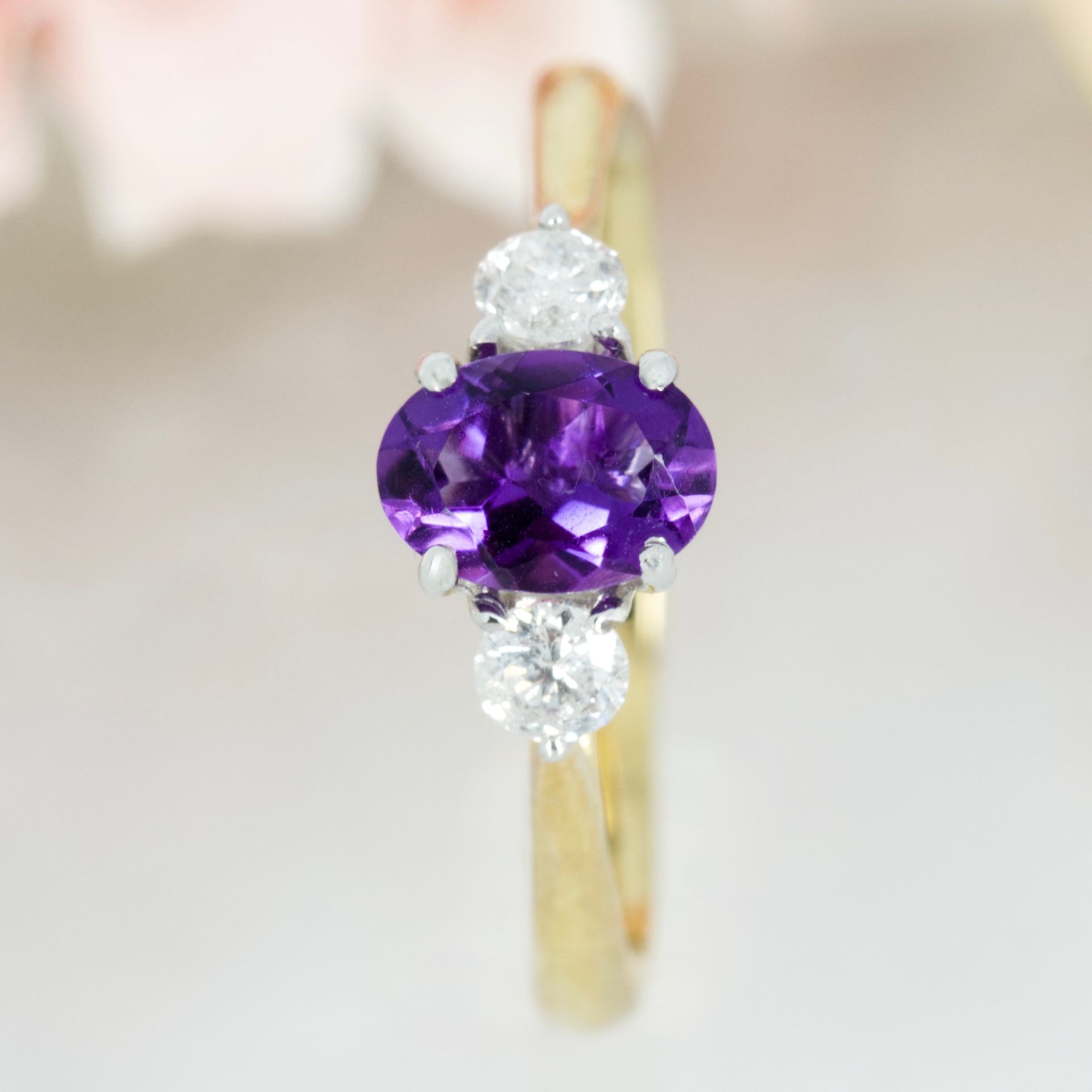 9ct Yellow Gold Oval Cut Amethyst & Round Brilliant Cut Diamond Trilogy Ring