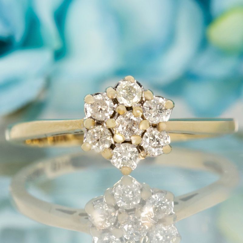 Pre-Loved 9ct Yellow Gold 0.25ct Round Brilliant Cut Diamond 7-Stone Cluster Ring