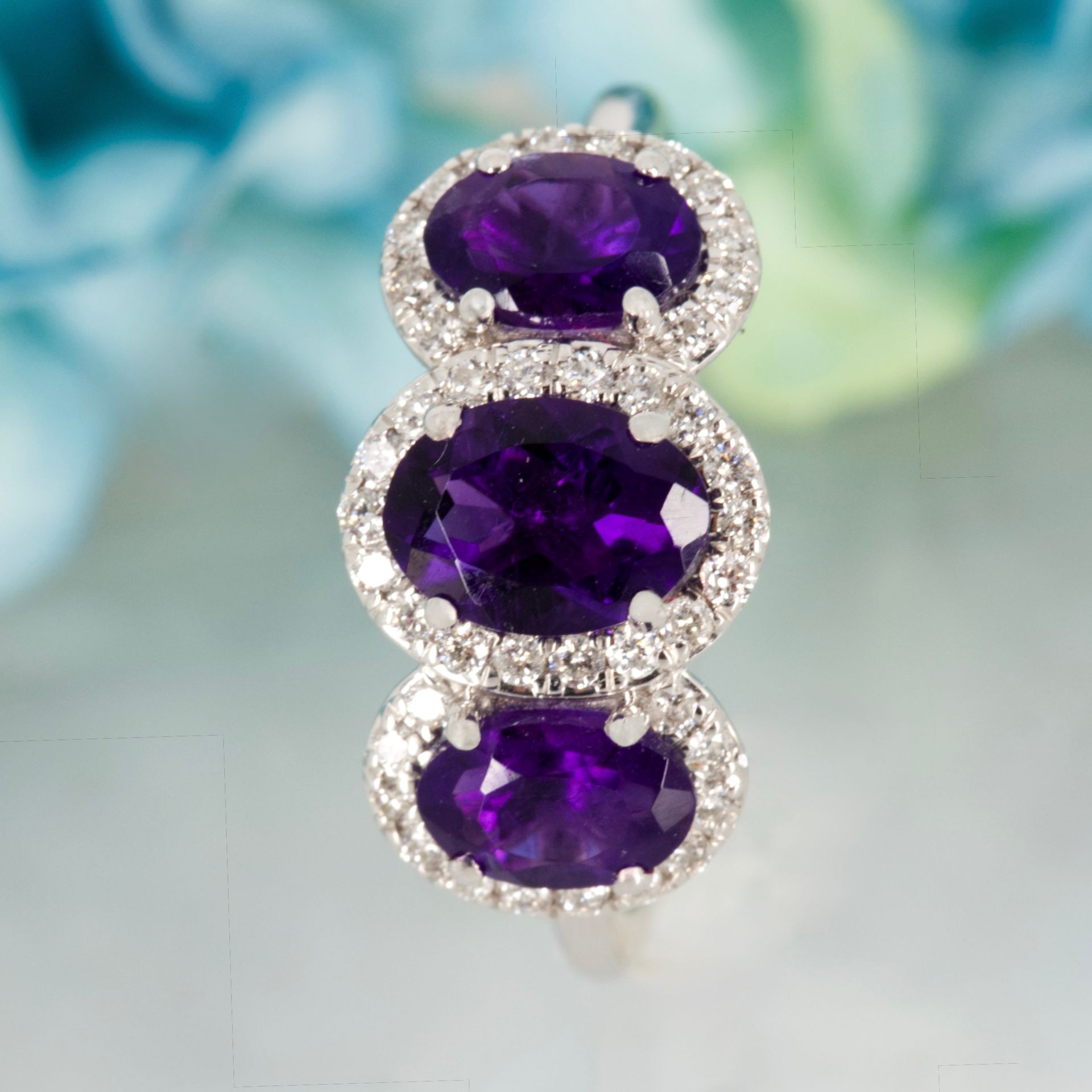 9ct White Gold Oval Cut Amethyst & Round Brilliant Cut Diamond Triple Halo Cluster Ring