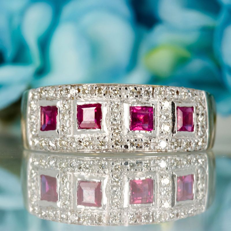 9ct Yellow Gold Princess Cut Ruby & Round Brilliant Cut Diamond Cluster Style Half Eternity Ring