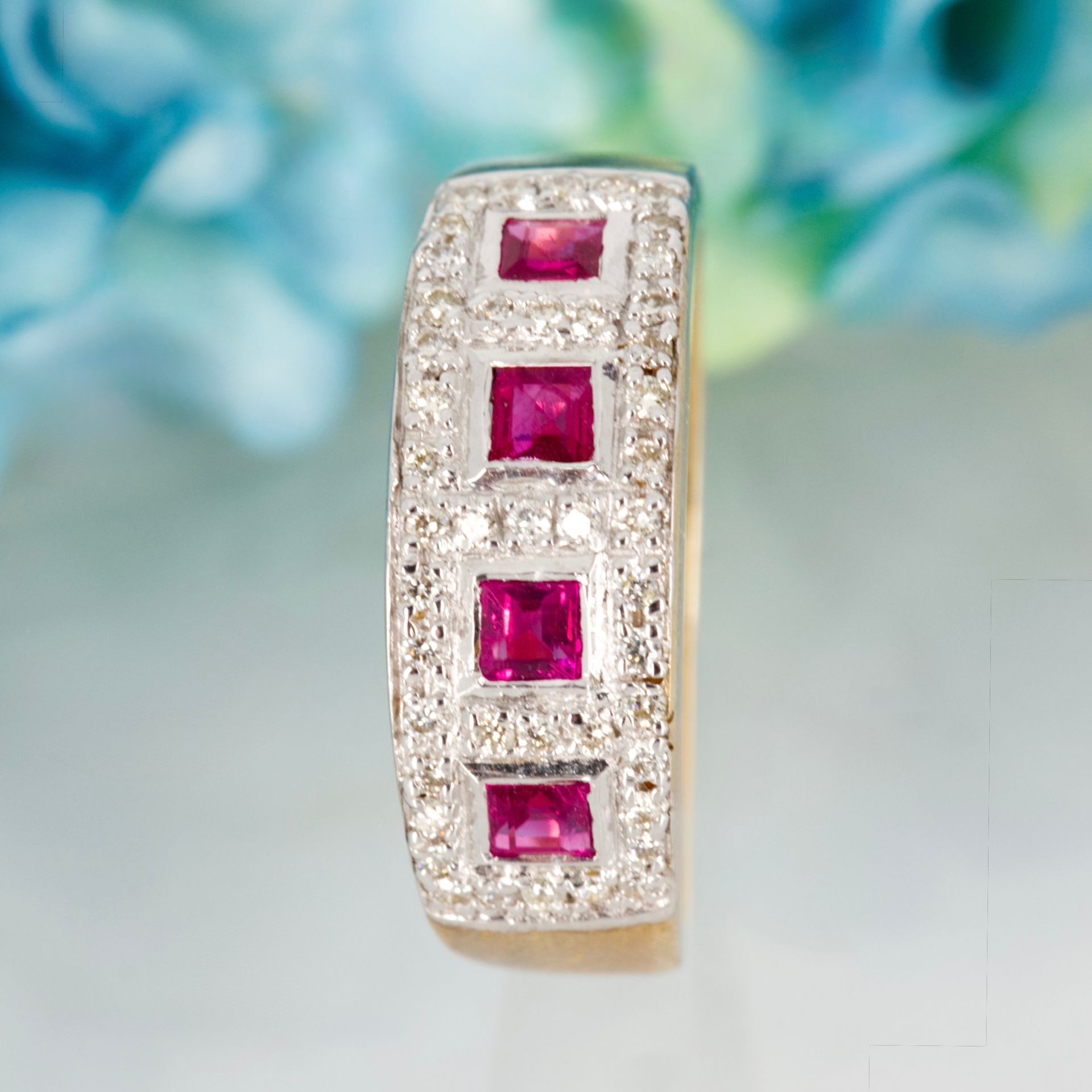9ct Yellow Gold Princess Cut Ruby & Round Brilliant Cut Diamond Cluster Style Half Eternity Ring