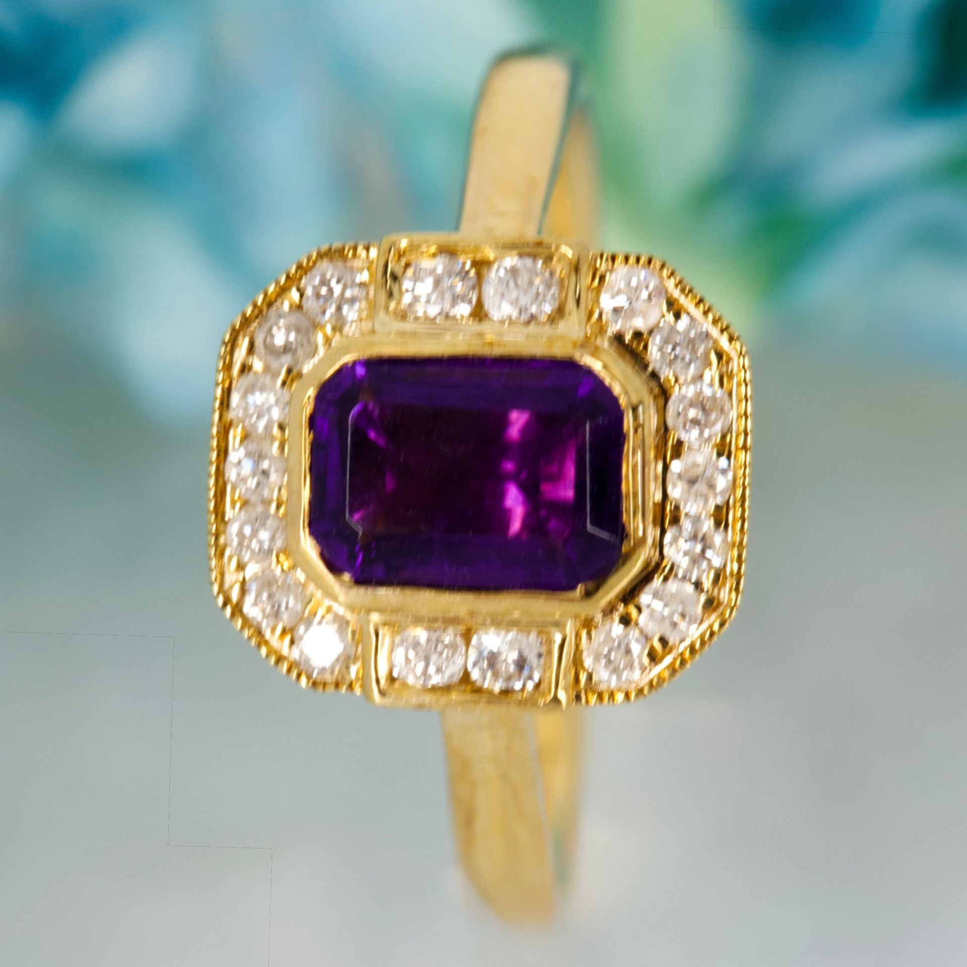 9ct Yellow Gold Octagonal Cut Amethyst & Round Brilliant Cut Diamond Halo Cluster Ring