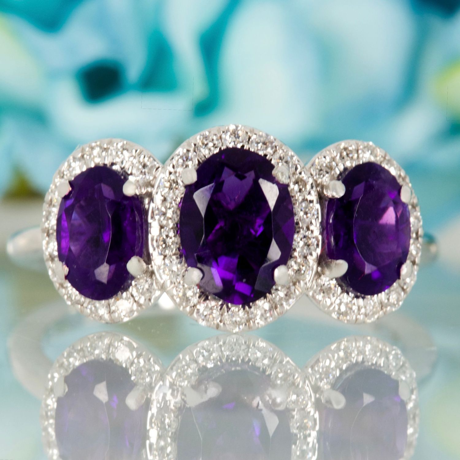 9ct White Gold Oval Cut Amethyst & Round Brilliant Cut Diamond Triple Halo Cluster Ring
