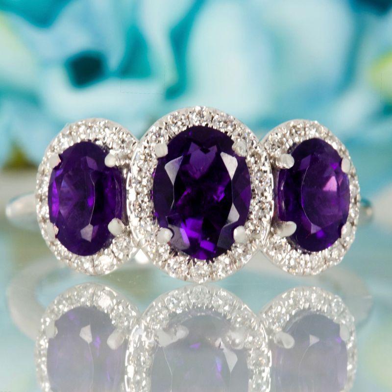 9ct White Gold Oval Cut Amethyst & Round Brilliant Cut Diamond Triple Halo Cluster Ring