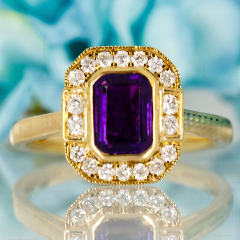 9ct Yellow Gold Octagonal Cut Amethyst & Round Brilliant Cut Diamond Halo Cluster Ring
