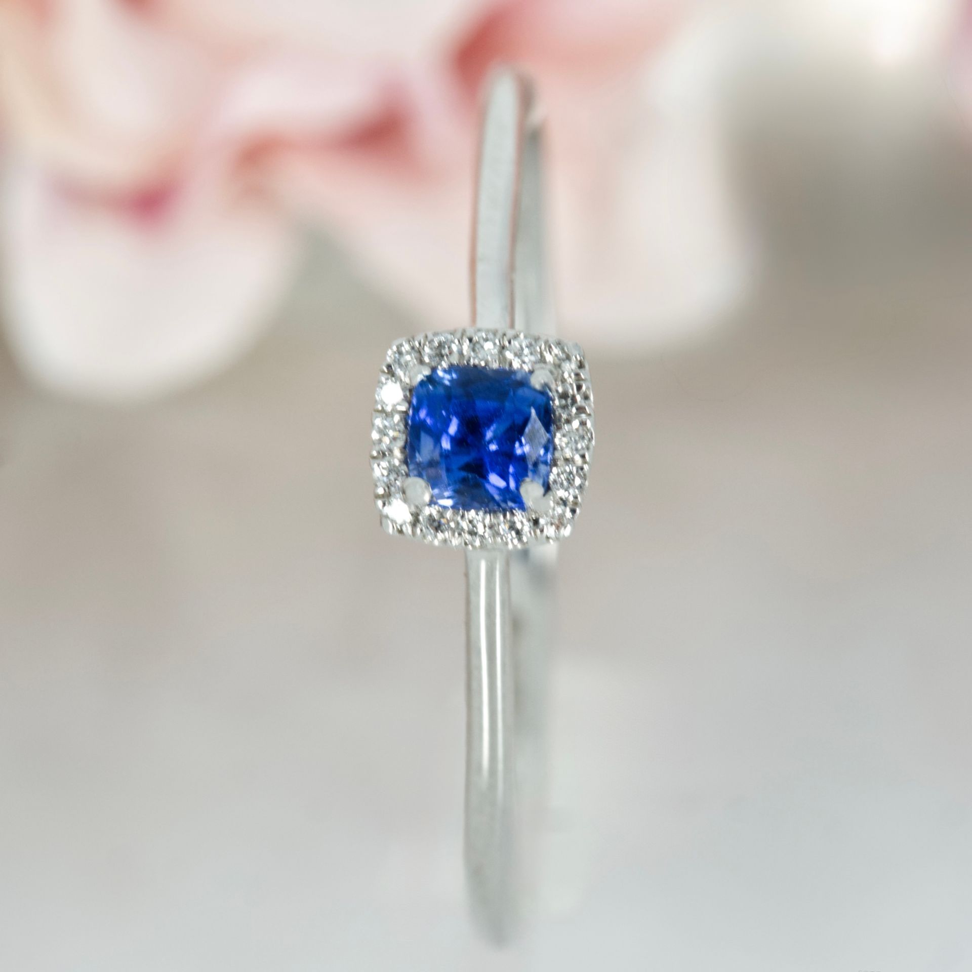 Platinum Cushion Cut Sapphire & Round Brilliant Cut Diamond Halo Cluster Ring