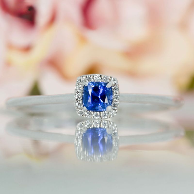 Platinum Cushion Cut Sapphire & Round Brilliant Cut Diamond Halo Cluster Ring