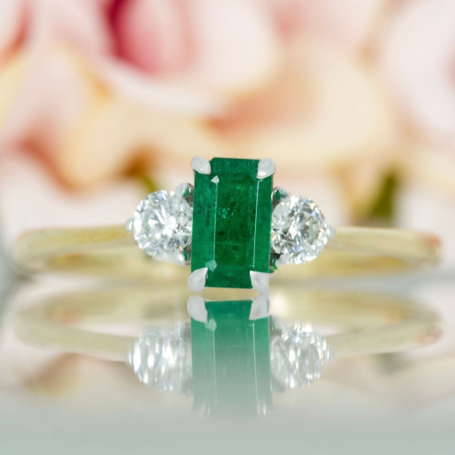 9ct Yellow Gold Octagonal Cut Emerald & Round Brilliant Cut Diamond Trilogy Ring