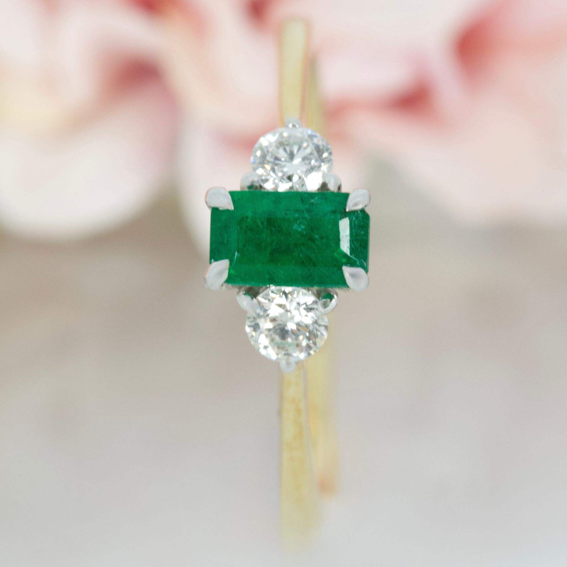 9ct Yellow Gold Octagonal Cut Emerald & Round Brilliant Cut Diamond Trilogy Ring