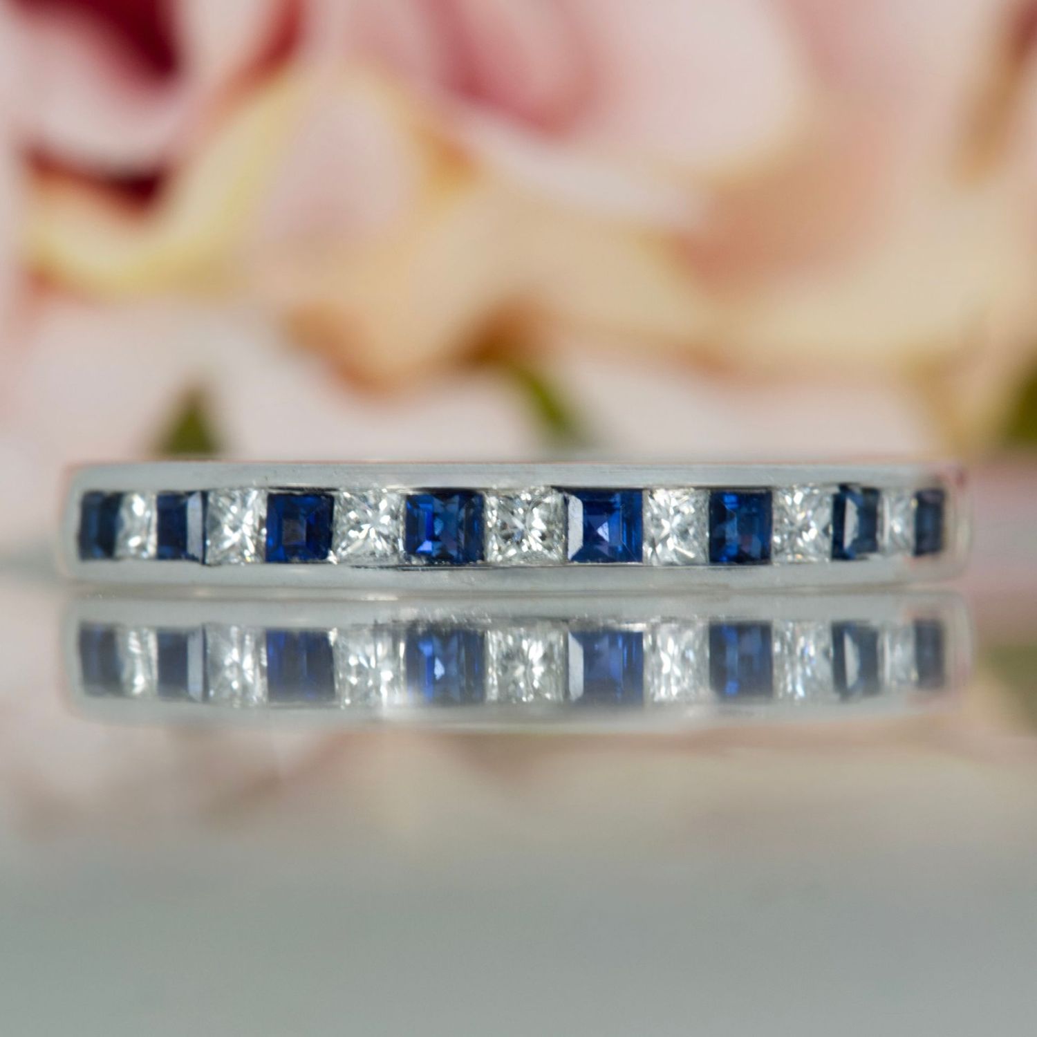 18ct White Gold Princess Cut Sapphire & Diamond Channel Set Half Eternity Ring