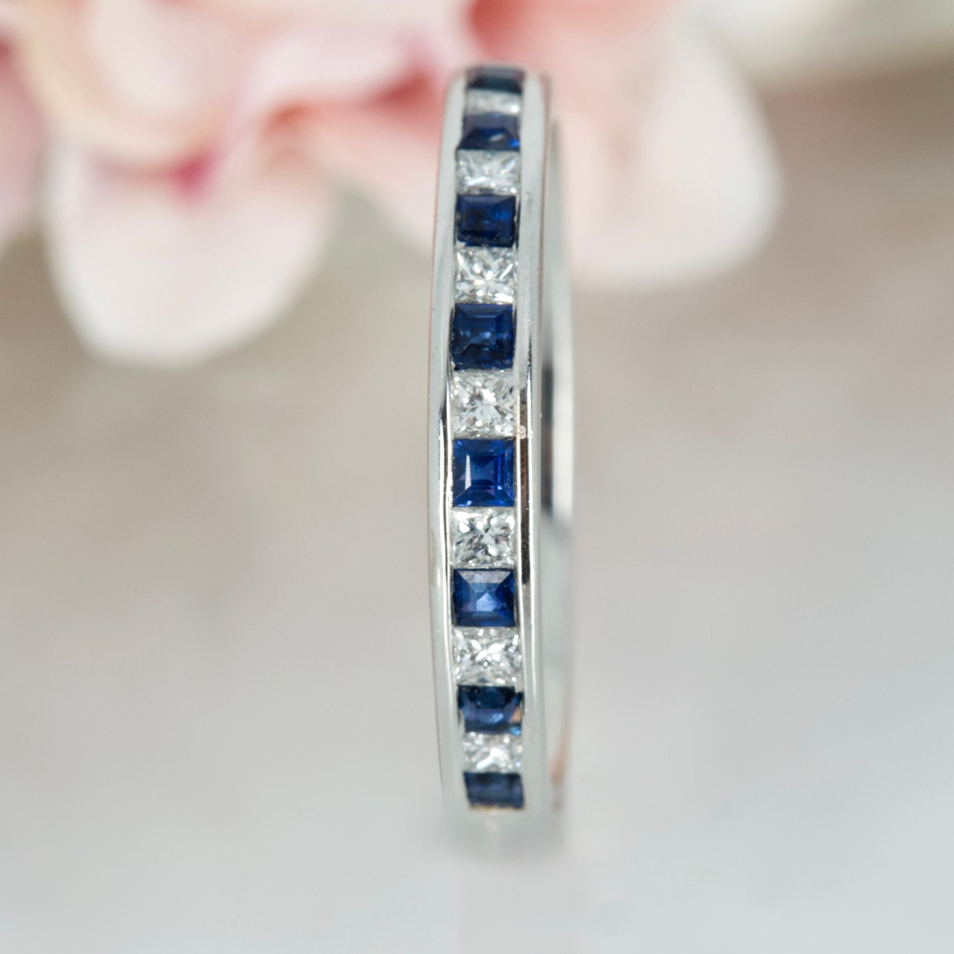 18ct White Gold Princess Cut Sapphire & Diamond Channel Set Half Eternity Ring