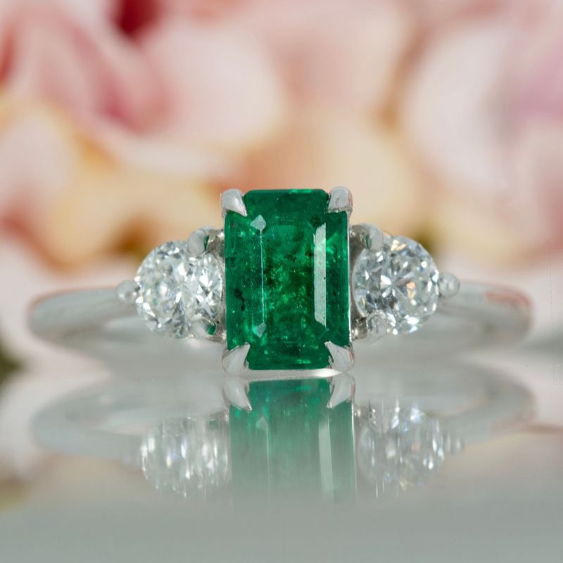 Platinum Octagonal Cut Emerald & Round Brilliant Cut Diamond Trilogy Ring