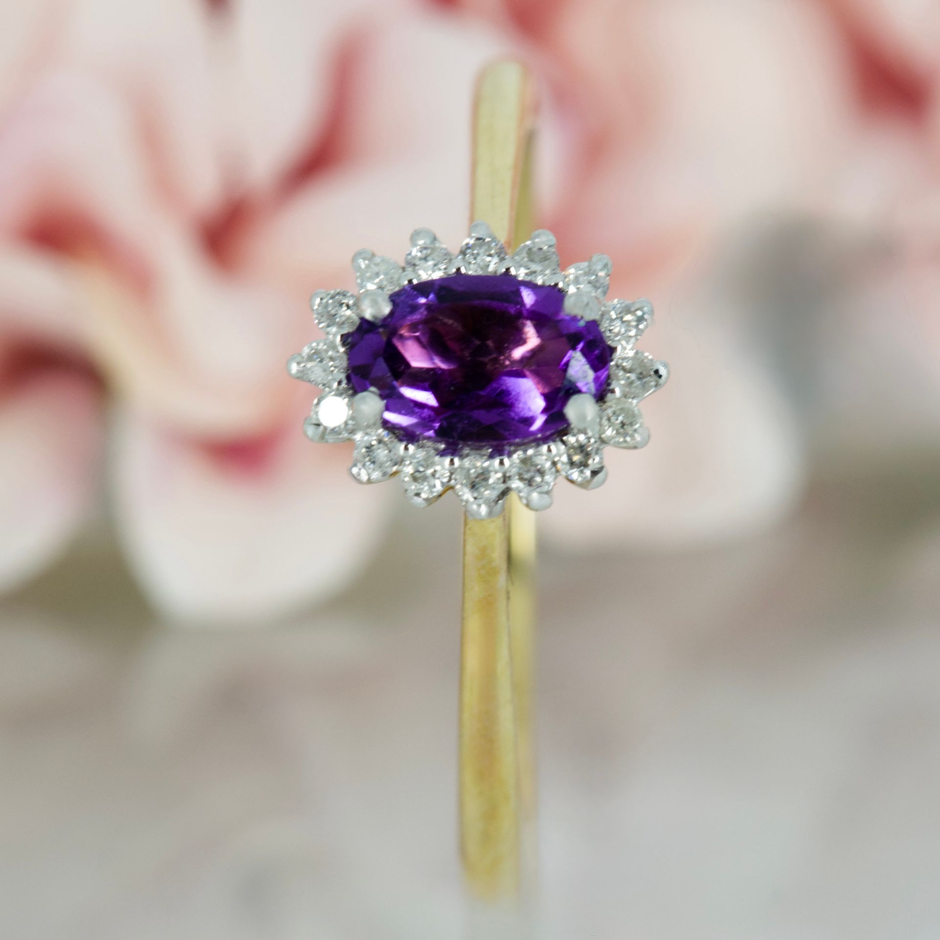 9ct Yellow Gold Oval Cut Amethyst & Round Brilliant Cut Diamond Cluster Ring