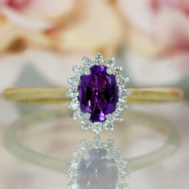 9ct Yellow Gold Oval Cut Amethyst & Round Brilliant Cut Diamond Cluster Ring